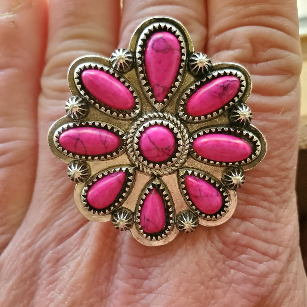 Free Spirit Boho Native South Western People Pink Stone Beaded Flower Ring